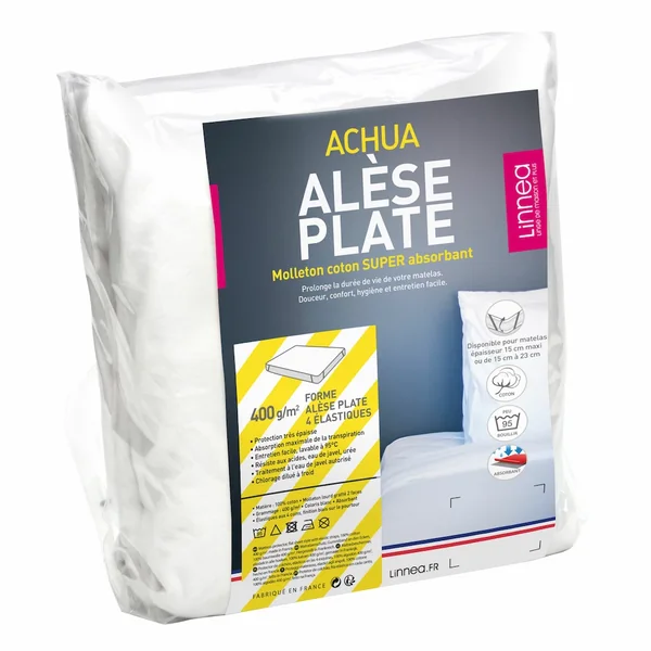 Alèse plate 110x200 cm ACHUA molleton 100% coton 400 g/m² matelas 15cm à 23cm