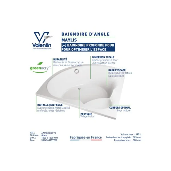 Baignoire d'angle 150 x 150 cm Maylis sans tablier Valentin