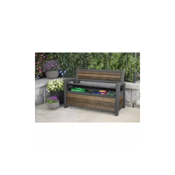 Banc de jardin résine avec coffre de rangement 227 L, l.133 x H.89 x P.61 cm, effet bois noyer, Keter Otto Walnut