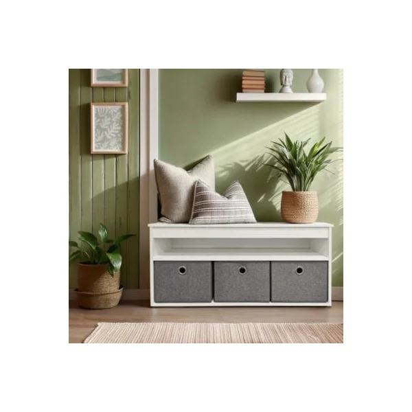 Banc range chaussures en bois blanc avec 3 casiers Box & Beyond