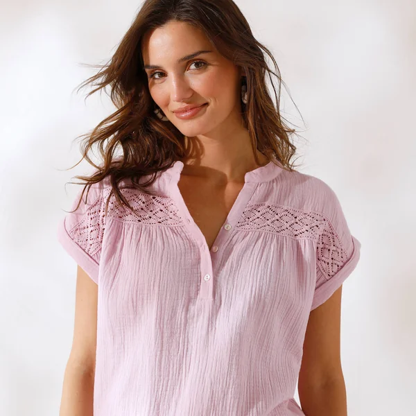 Blouse unie manches courtes, double gaze de coton, mauve