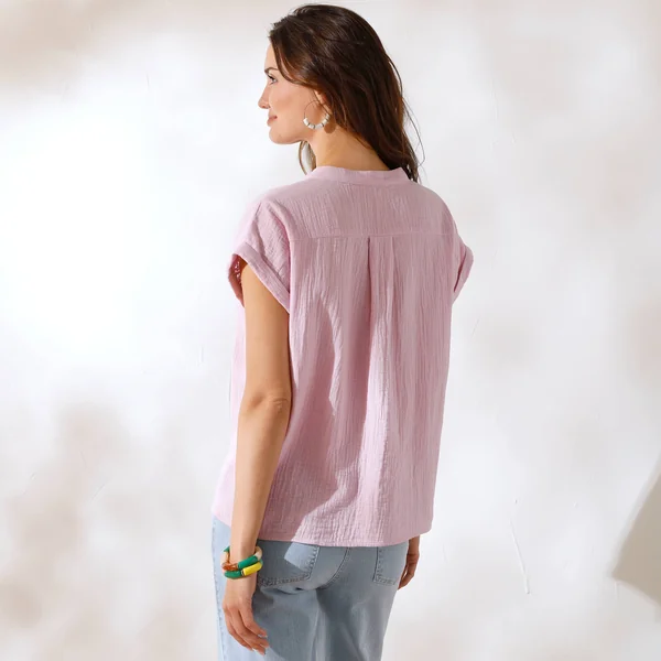 Blouse unie manches courtes, double gaze de coton, mauve