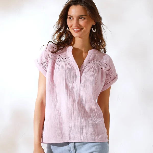 Blouse unie manches courtes, double gaze de coton, mauve