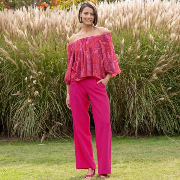 Blouse élastiquée manches blousantes, mousseline imprimé fleuri, rouge / figue