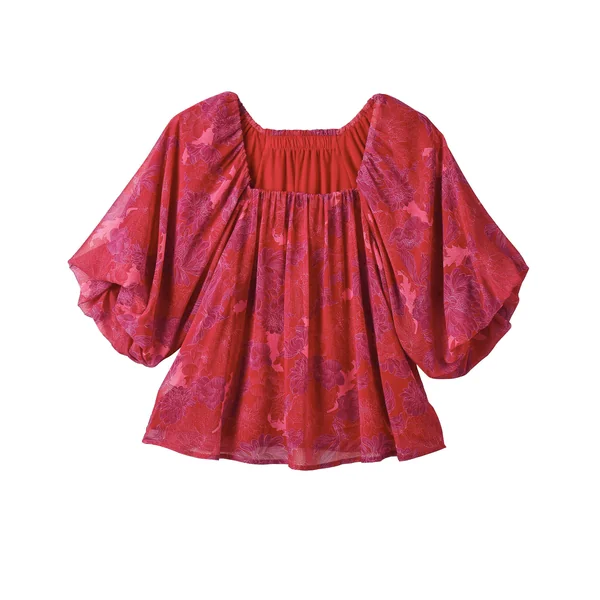 Blouse élastiquée manches blousantes, mousseline imprimé fleuri, rouge / figue