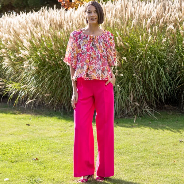 Blouse élastiquée manches blousantes, mousseline multicolore, multicolore