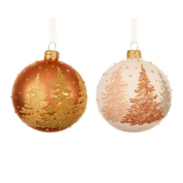 Boule en verre finition mate brandy et blanc laine avec décor sapins - Ø 8 cm