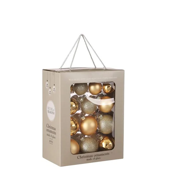 Boîte de 26 boules de Noël en verre doré - Ø 7 cm