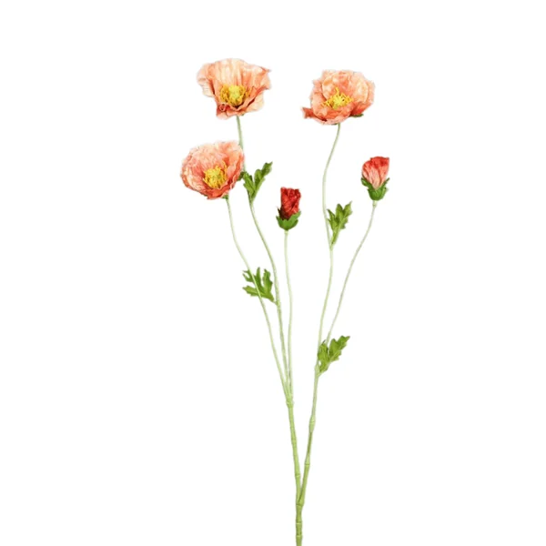 Branche de pavot artificiel pêche à 3 fleurs et 2 boutons - 65 cm