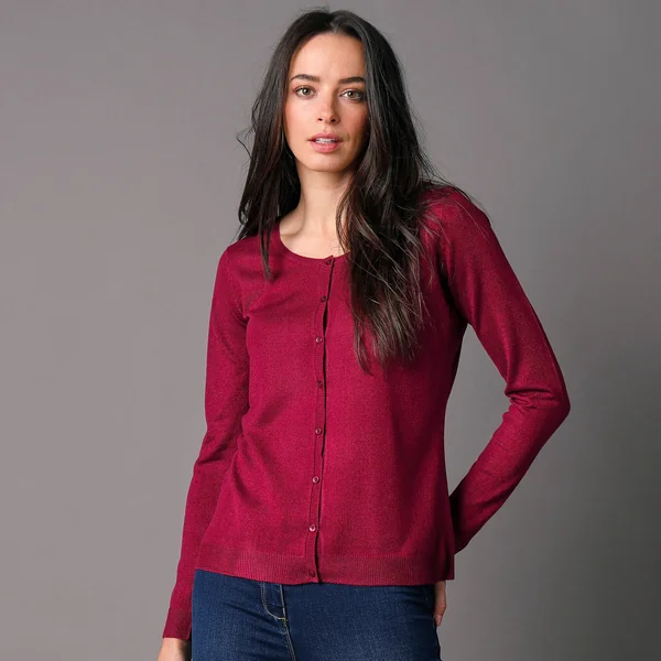 Cardigan boutonné col rond uni, toucher doux, prune