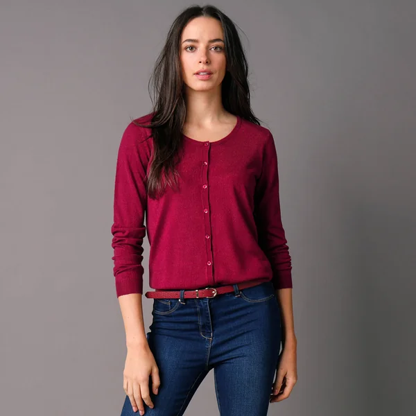 Cardigan boutonné col rond uni, toucher doux, prune