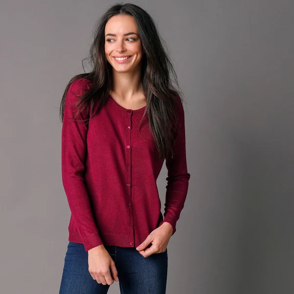 Cardigan boutonné col rond uni, toucher doux, prune