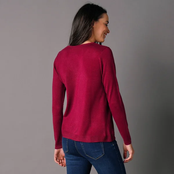 Cardigan boutonné col rond uni, toucher doux, prune