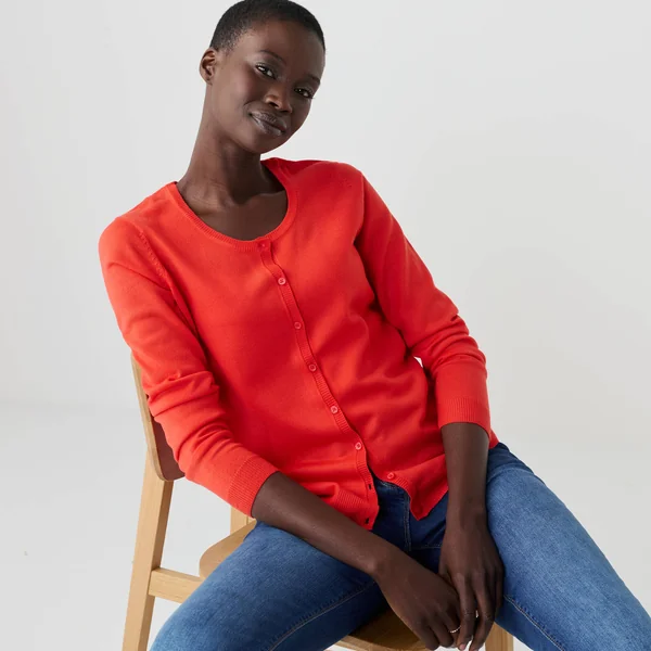 Cardigan boutonné col rond uni, toucher doux, rouge