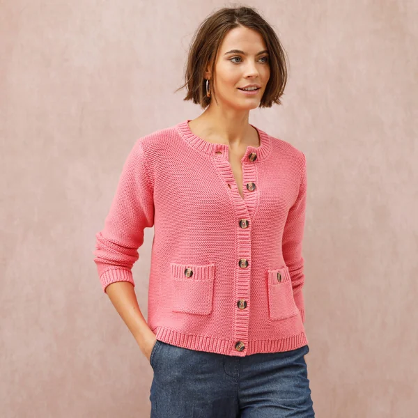 Cardigan uni boutonné à poches, rose
