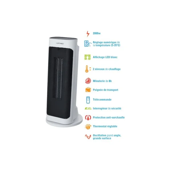 Chauffage mobile soufflant céramique 2000W Optimeo – oscillant, télécommande, minuterie 8h, thermostat digital, idéal pièce jusqu’à 20 m²
