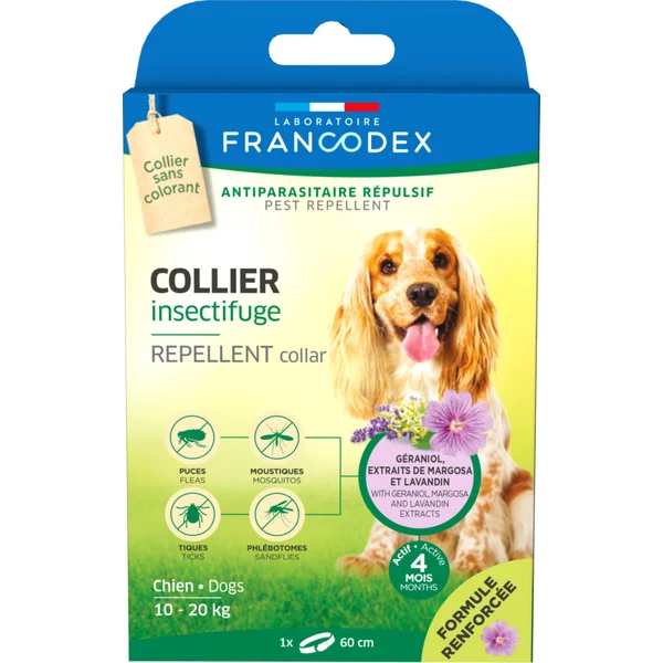 Collier insectifuge pour chien de 10 à 20 kg coloris blanc Francodex - Ø 60 cm