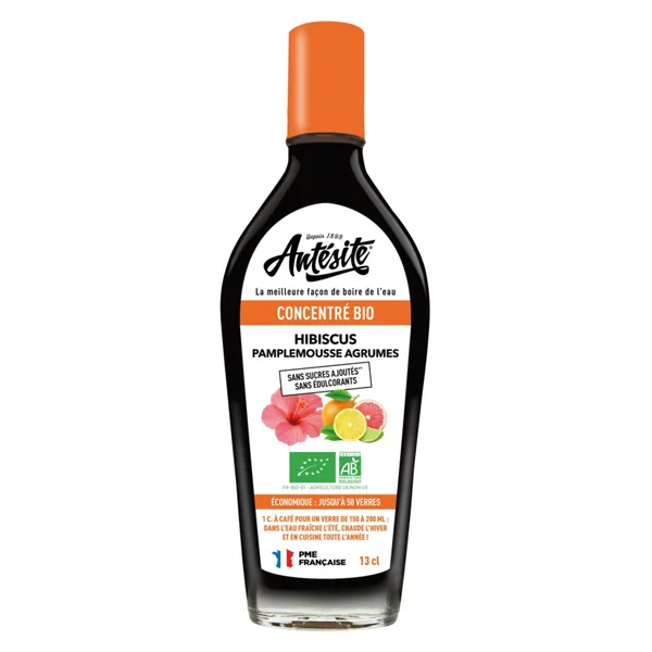 Concentré bio Hibiscus Pamplemousse Agrumes Antésite - Bouteille de sirop de 13 cl