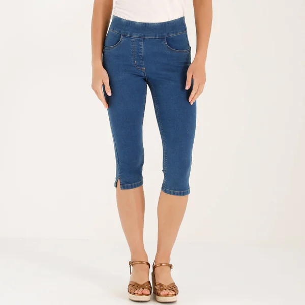 Corsaire fuselé ultra stretch, maille effet jean, stone