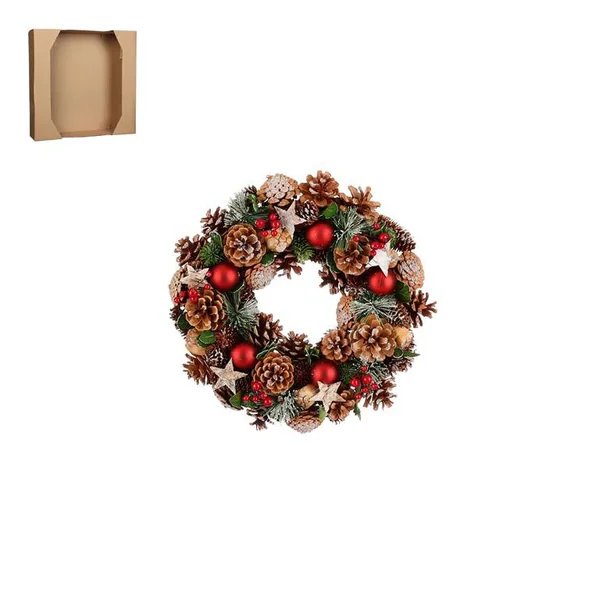 Couronne de sapin, pommes de pin naturelles et décorations colorées Roslyn - Ø 34 x H 9 cm