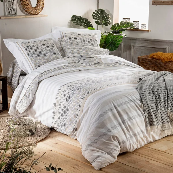 Drap housse imprimé 90x190 cm 100% coton DIEGO Gris Bonnet 30 cm