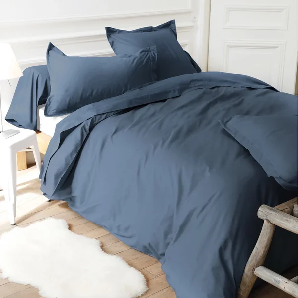 Drap housse uni 200x210 cm bonnet 50 cm 100% coton ALTO bleu Jean