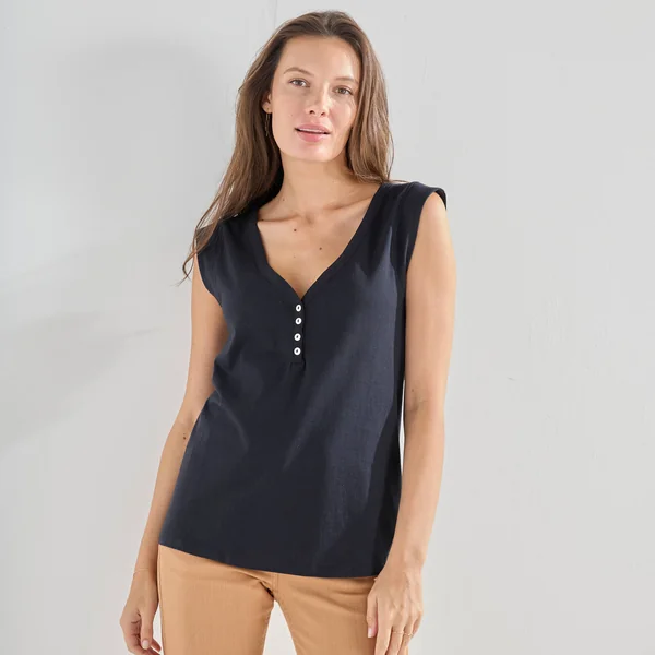 Débardeur col V, détail dos broderie anglaise, noir