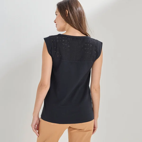 Débardeur col V, détail dos broderie anglaise, noir