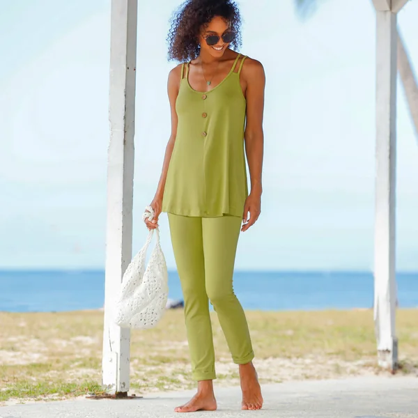 Débardeur maille unie, liens épaules, vert mousse