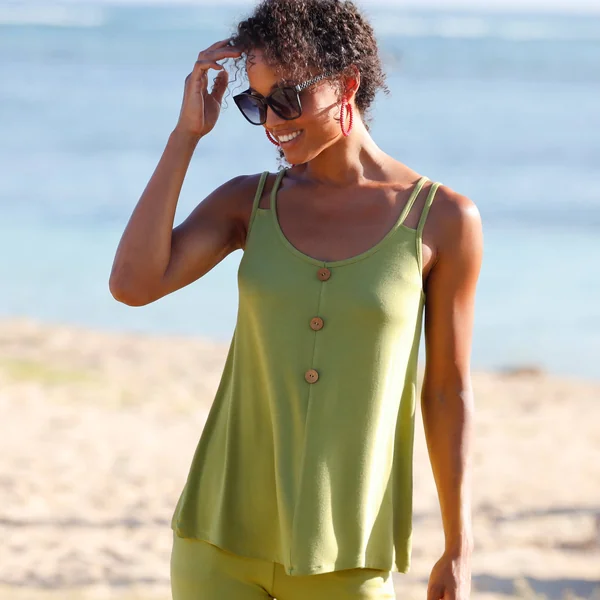 Débardeur maille unie, liens épaules, vert mousse
