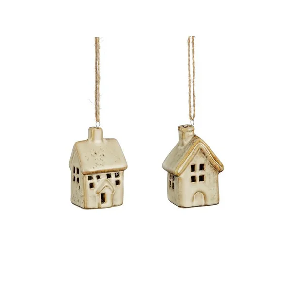 Décoration à suspendre forme maison en porcelaine beige - 4 x 3 x 7 cm