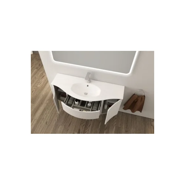 Ensemble sous vasque + plan vasque central résine l.138 cm, blanc mat strié, Vague