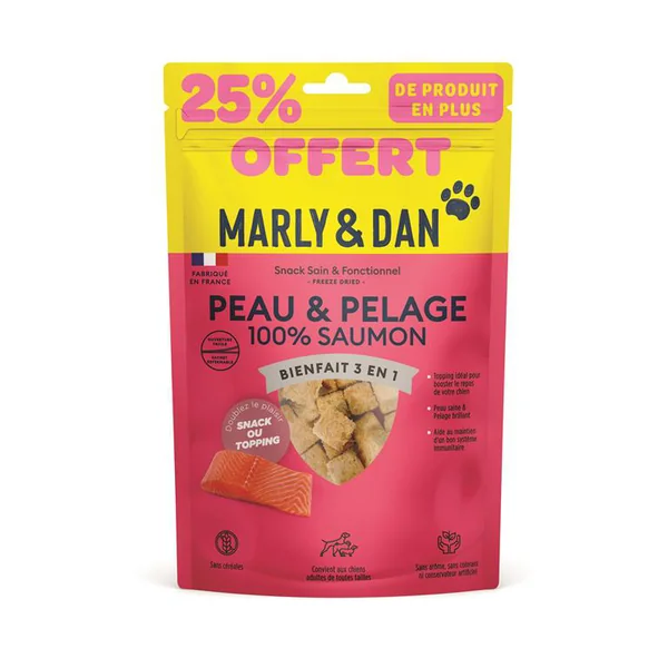 Friandises pour chien 100 % saumon Marly & Dan Peau Pelage - 25 % offert - 63g