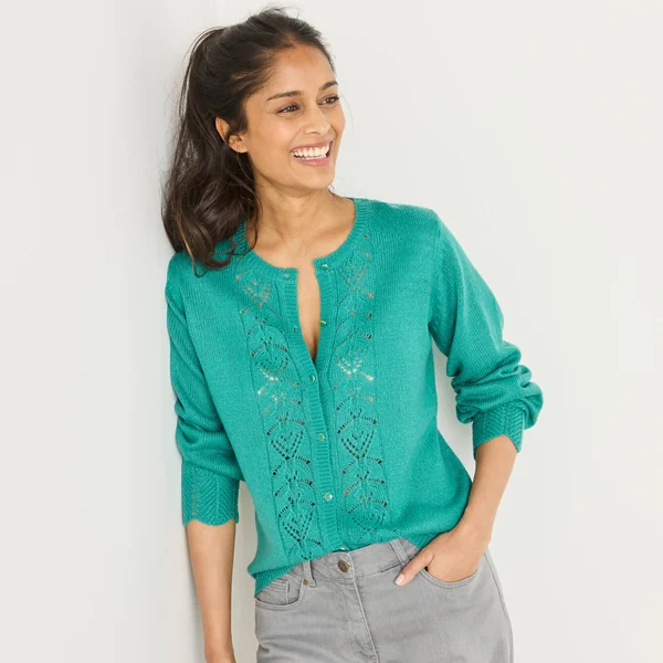 Gilet boutonné, maille ajourée, vert menthe