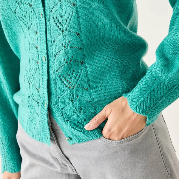 Gilet boutonné, maille ajourée, vert menthe