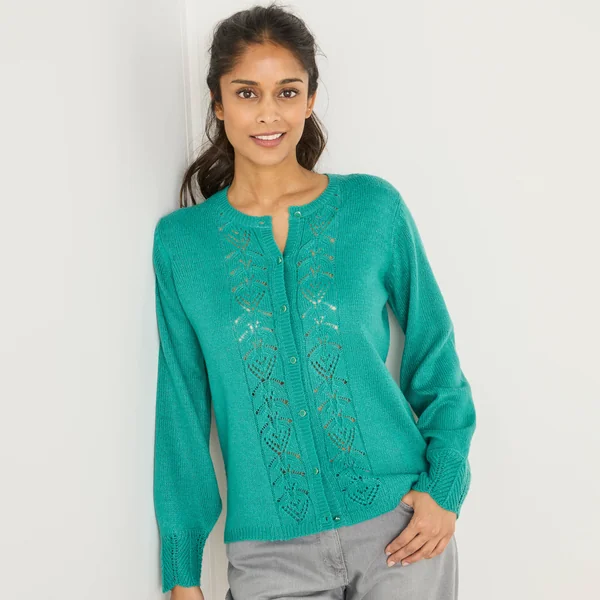 Gilet boutonné, maille ajourée, vert menthe