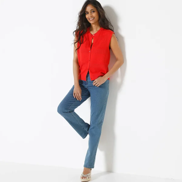 Gilet boutonné sans manches, maille ajourée, rouge