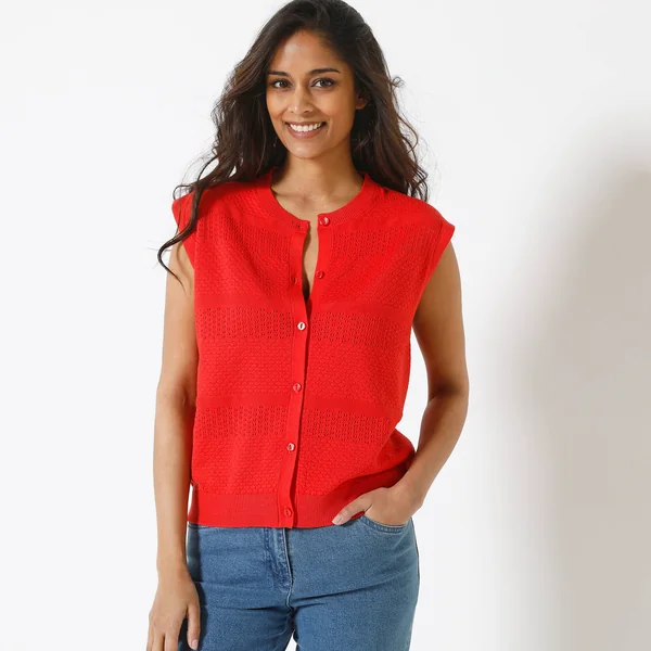 Gilet boutonné sans manches, maille ajourée, rouge