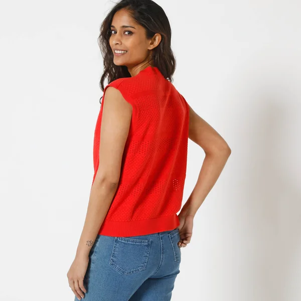 Gilet boutonné sans manches, maille ajourée, rouge