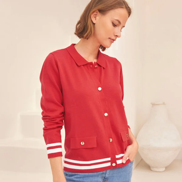 Gilet col polo, coton mélangé, rouge / blanc
