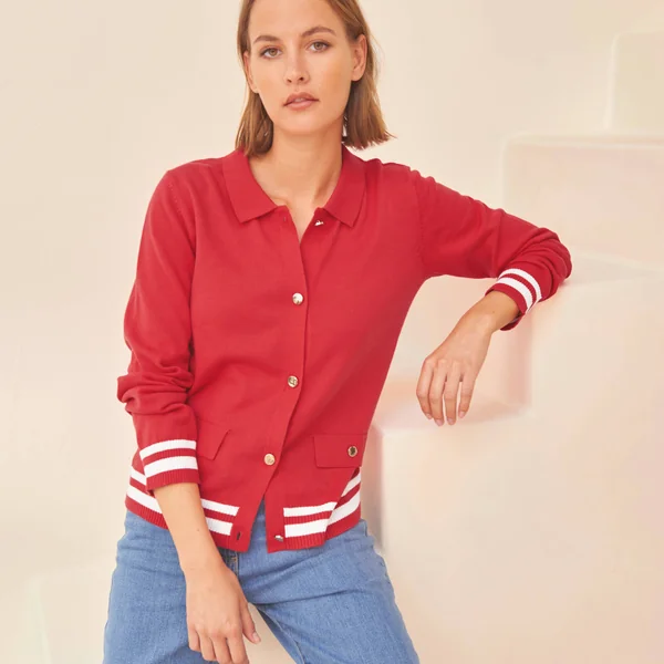Gilet col polo, coton mélangé, rouge / blanc