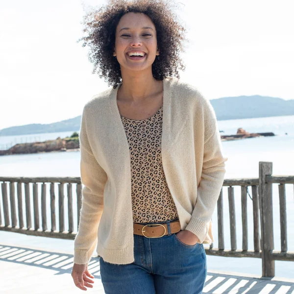 Gilet ouvert, laine et mohair mélangés, beige