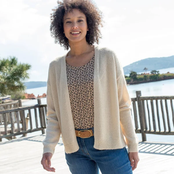 Gilet ouvert, laine et mohair mélangés, beige
