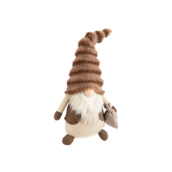 Gnome brun et beige assis avec bonnet fluffy grand modèle - 62 cm