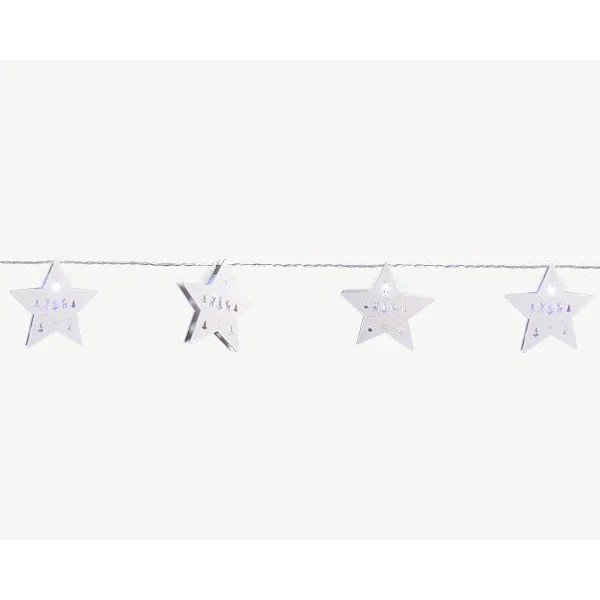 Guirlande lumineuse avec étoiles en bois à 10 LED blanc froid et câble argent sur piles - 1,80 m