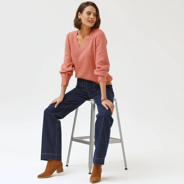 Jean coupe large taille haute, petite stature, brut