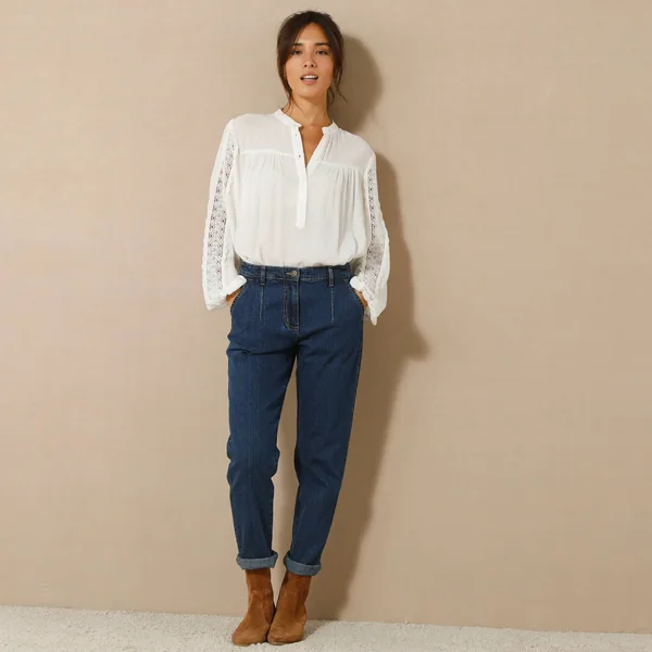 Jean coupe mom taille haute, stretch, stone