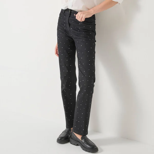 Jean noir coupe droite taille haute avec strass, noir
