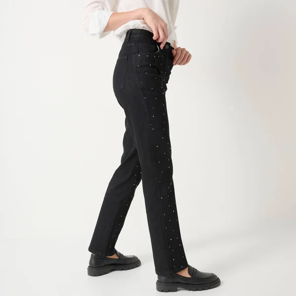 Jean noir coupe droite taille haute avec strass, noir