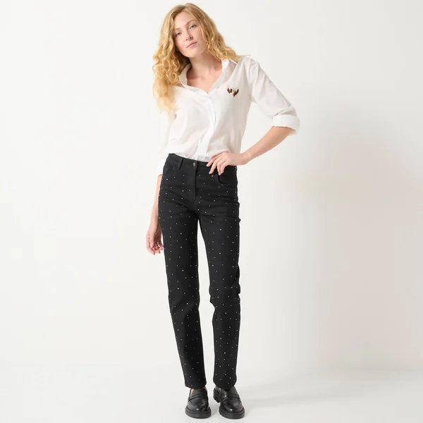 Jean noir coupe droite taille haute avec strass, noir